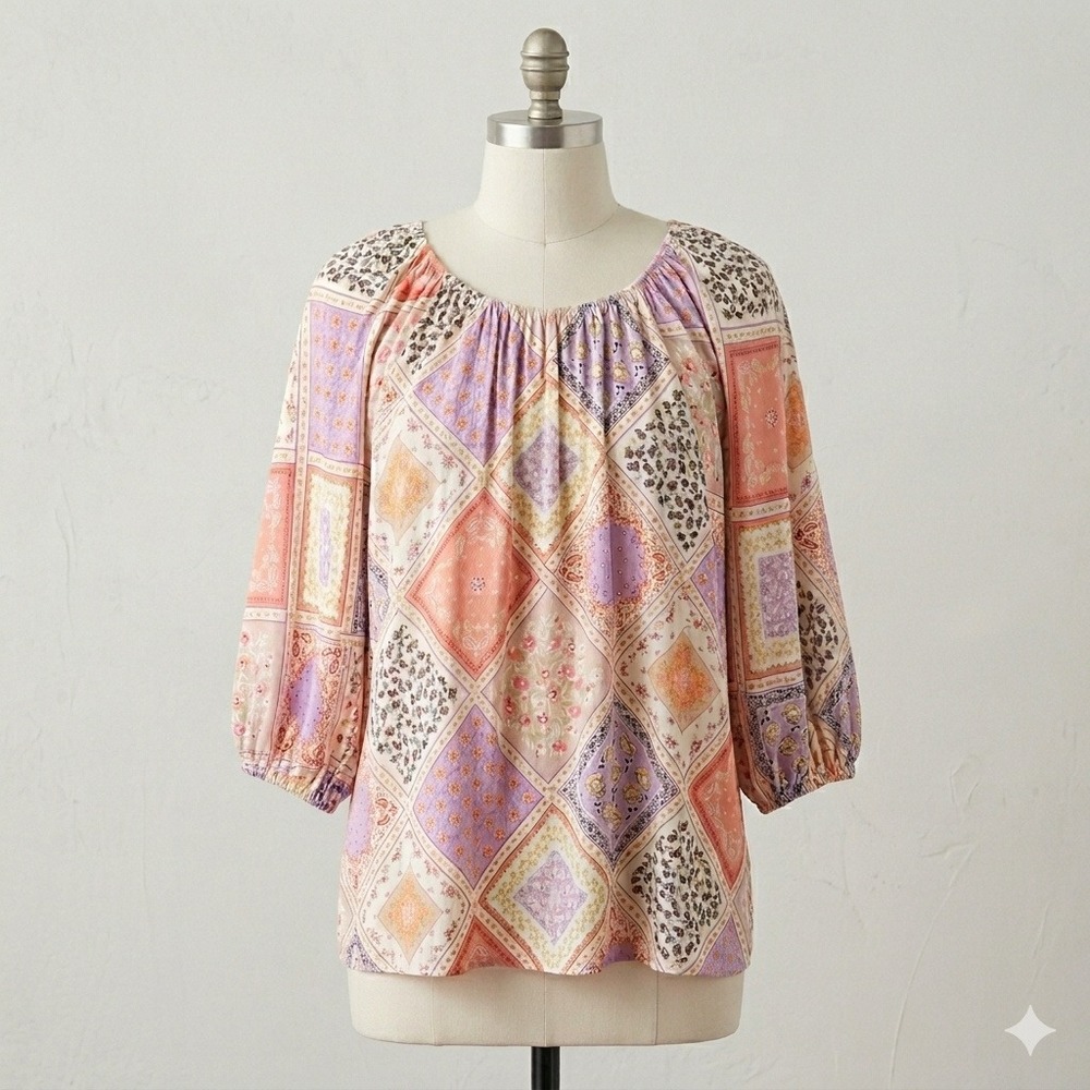 Colorful Stretchy Boho Blouse Women's Large Stretchy Patchwork Summer Festival‎